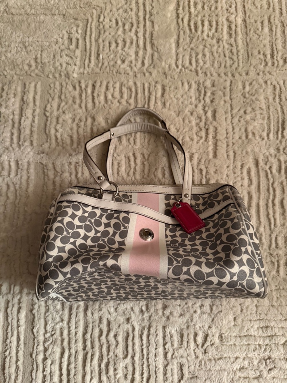 Coach Signature Canvas Satchel with Pink Stripe